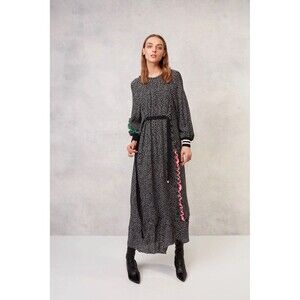 Tibi Ruffle Trim Midi Dress Womens Sz 2 Black Dotted Long Sleeve No Belt